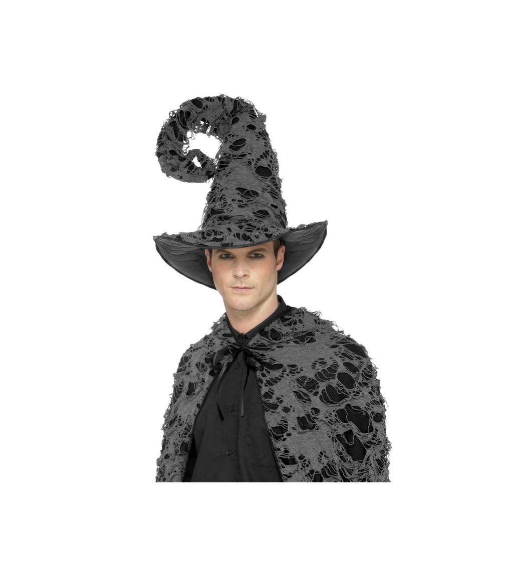 Šedo-černý čarodějnický potrhaný klobouk
