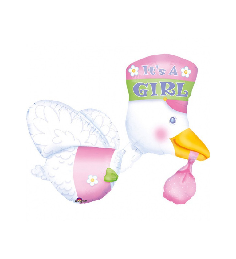 Fóliový balónek - čáp It´s a girl, růžový