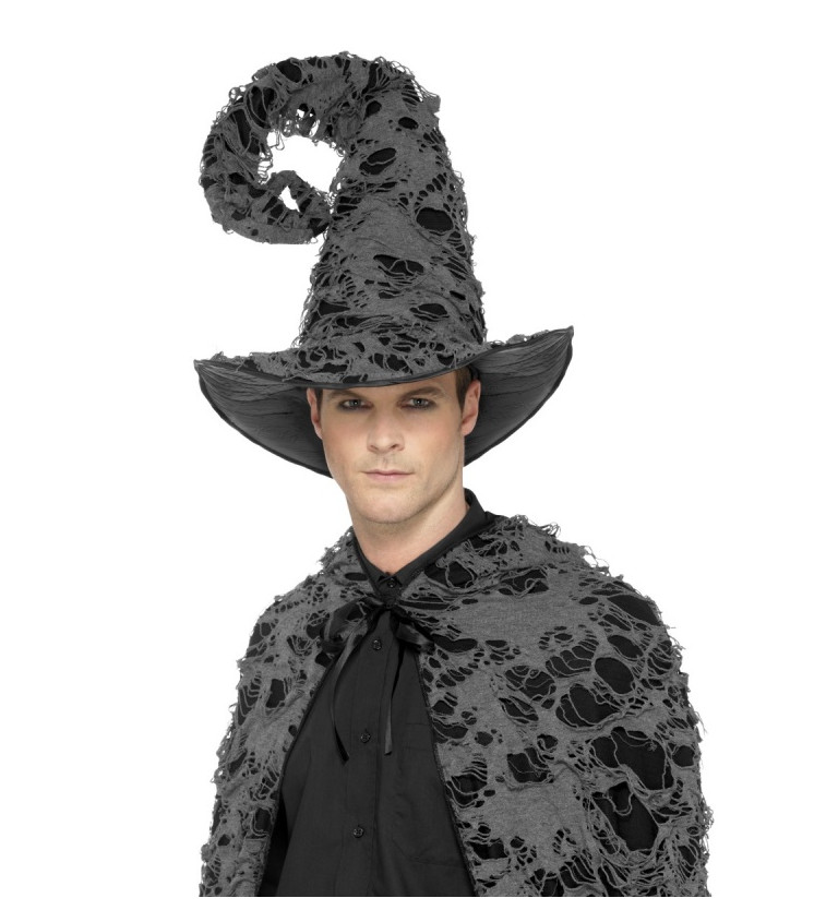 Šedo-černý čarodějnický potrhaný klobouk